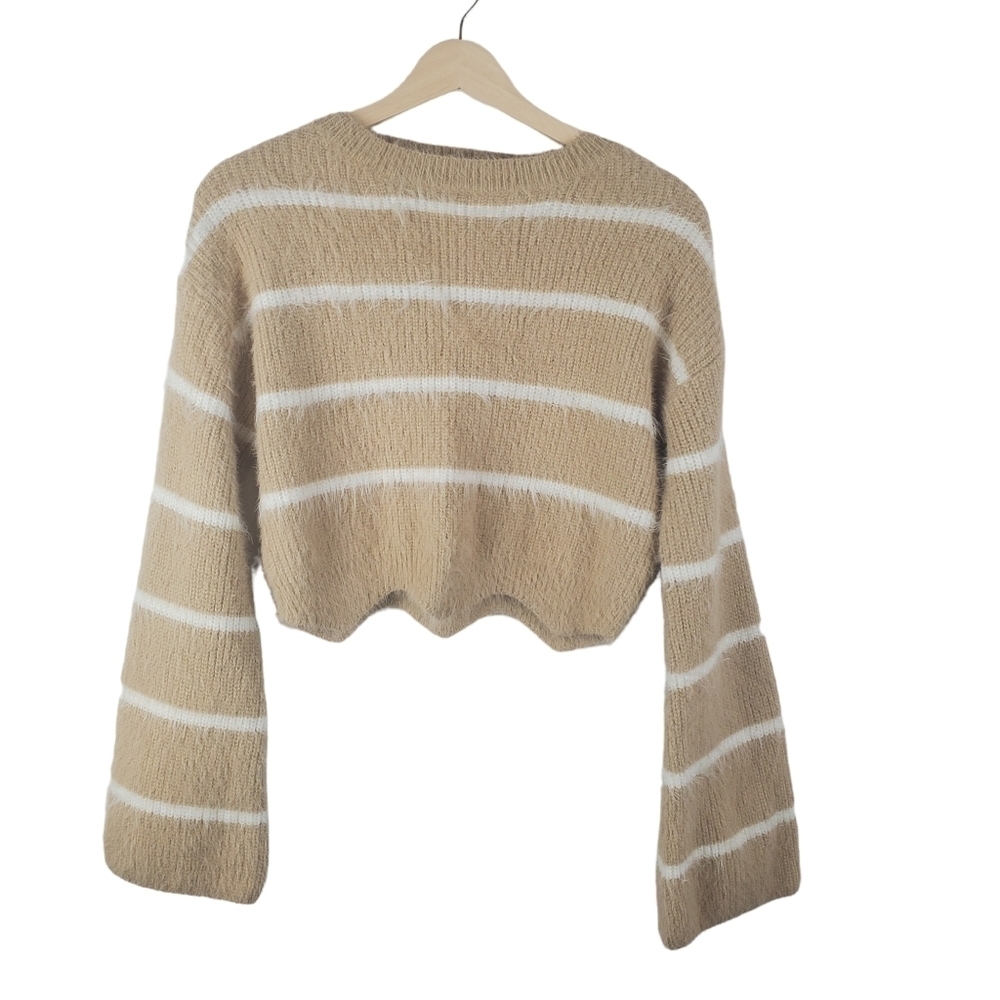 GIANNI Bini Sweater Womens XS Tan Cream Cropped Stripe‎ Knit Bell Sleeve